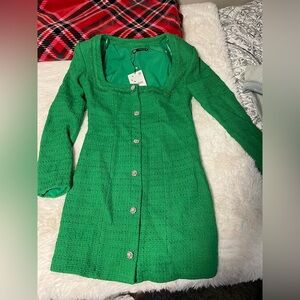 Zara green Sheath Dress Long Sleeve Square Neck
